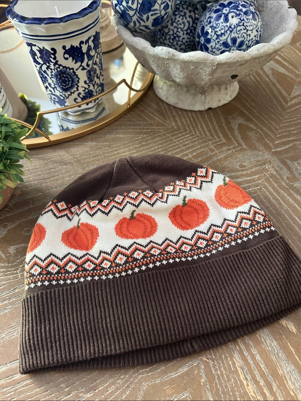 Gymboree Fall Harvest Sweater Beanie Hat with Orange Pumpkin Fair Isle Pattern